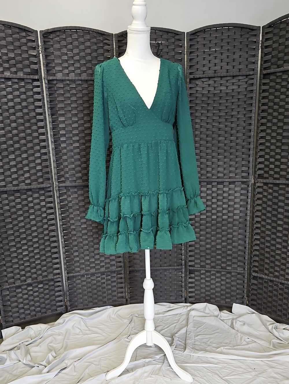 Size 11 Emerald Green Ruffled Tiered Long Sleeve Dot Dress By B Darlin NWOT